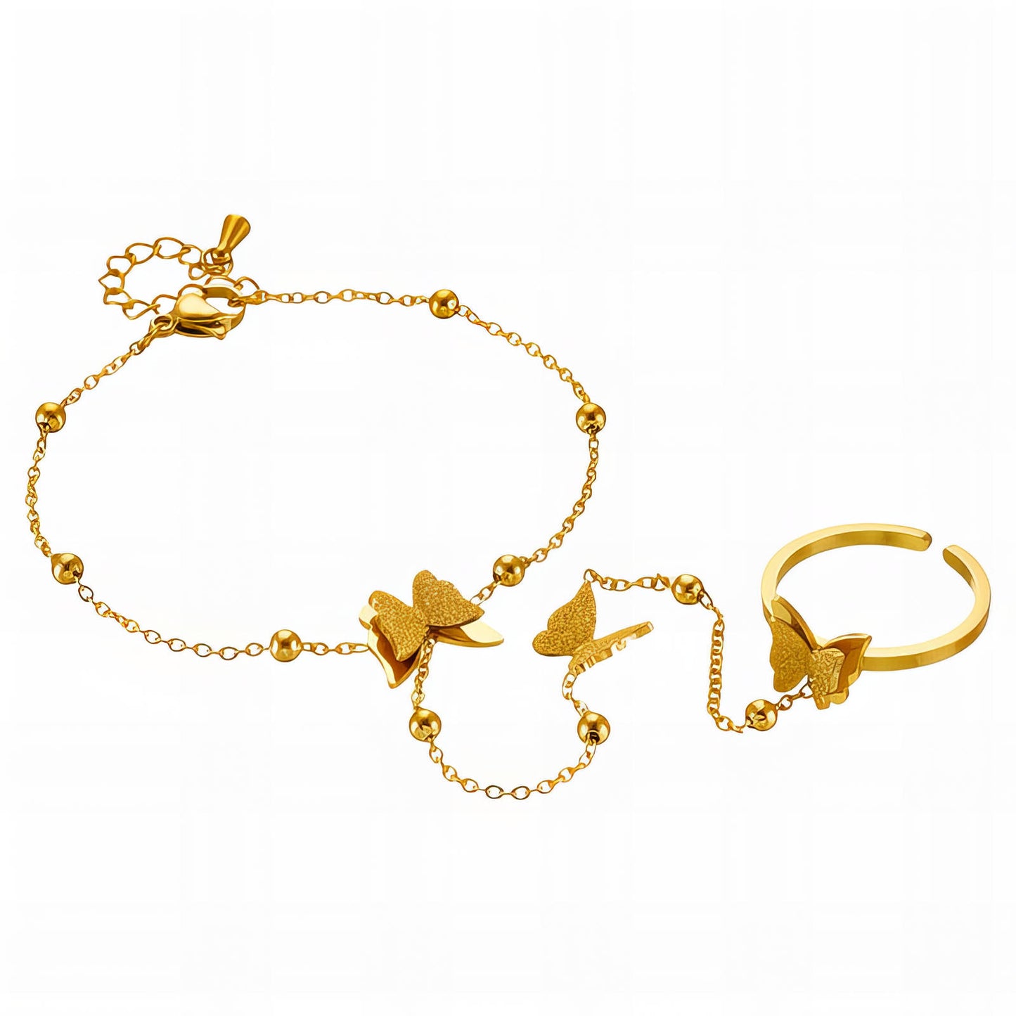 Gold butterfly jewelry set with chain bracelet and adjustable ring by Rayka & Co.