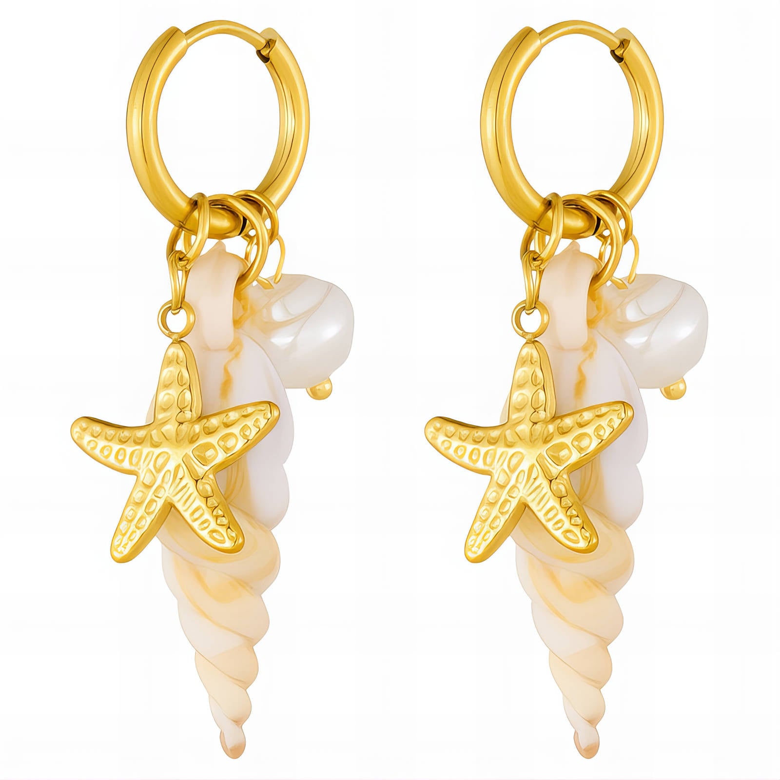 Gold pearl starfish charm hoop earrings with shell-inspired spiral charms on white background