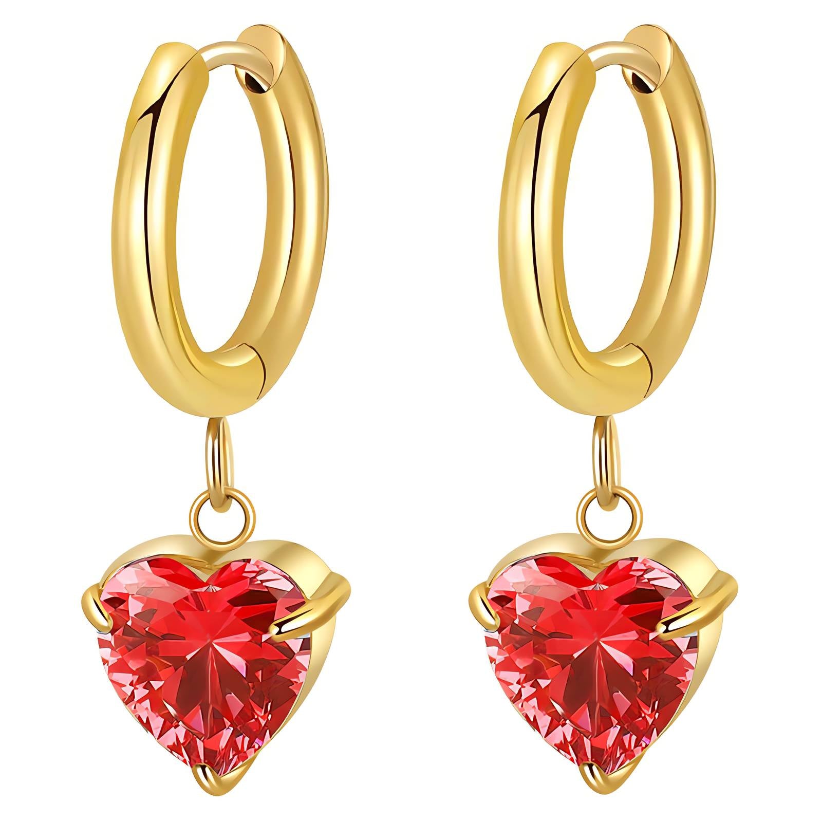 Gold huggie earrings with scarlet red heart crystal drop by Rayka & Co.