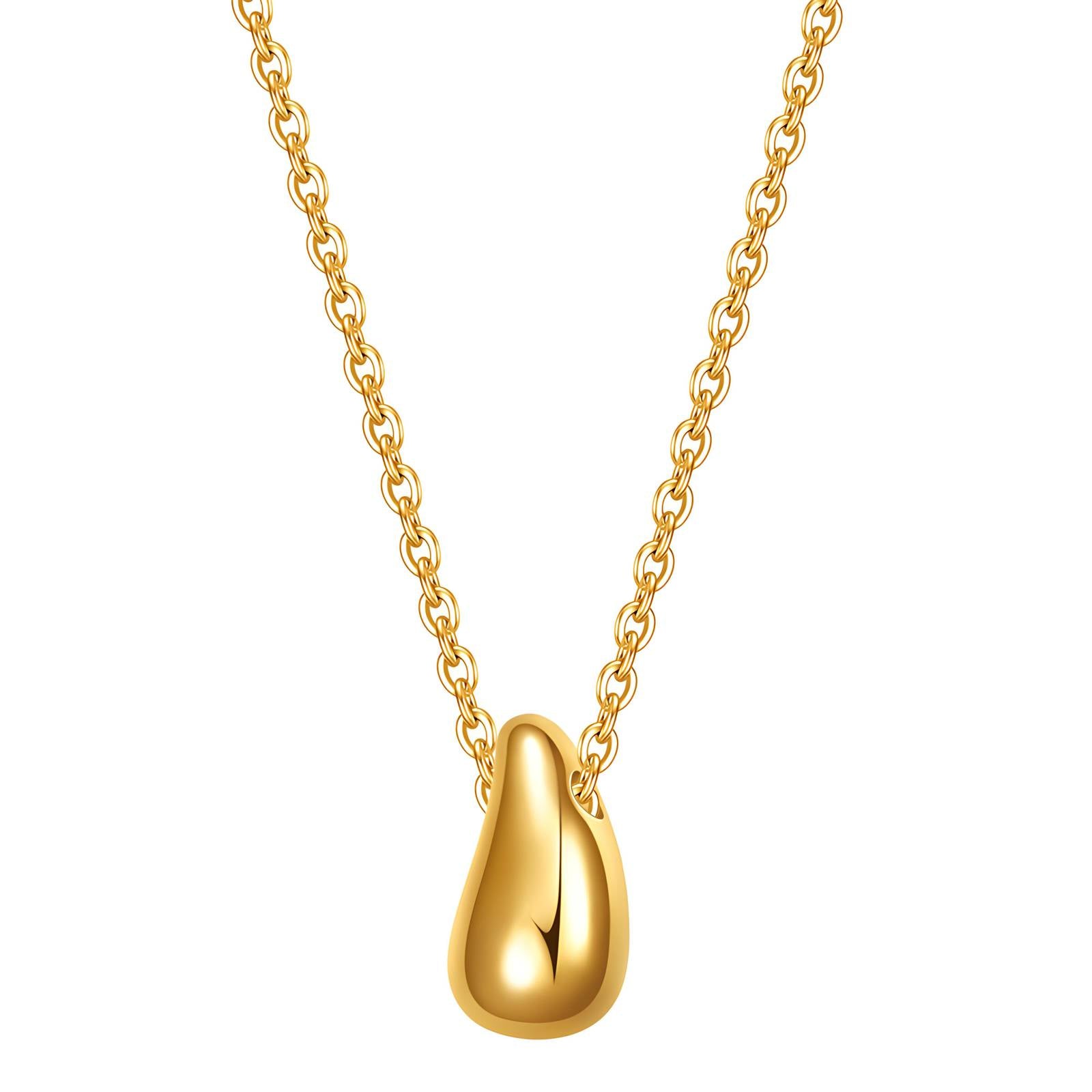 Gold drop pendant necklace with a smooth polished finish on a delicate chain