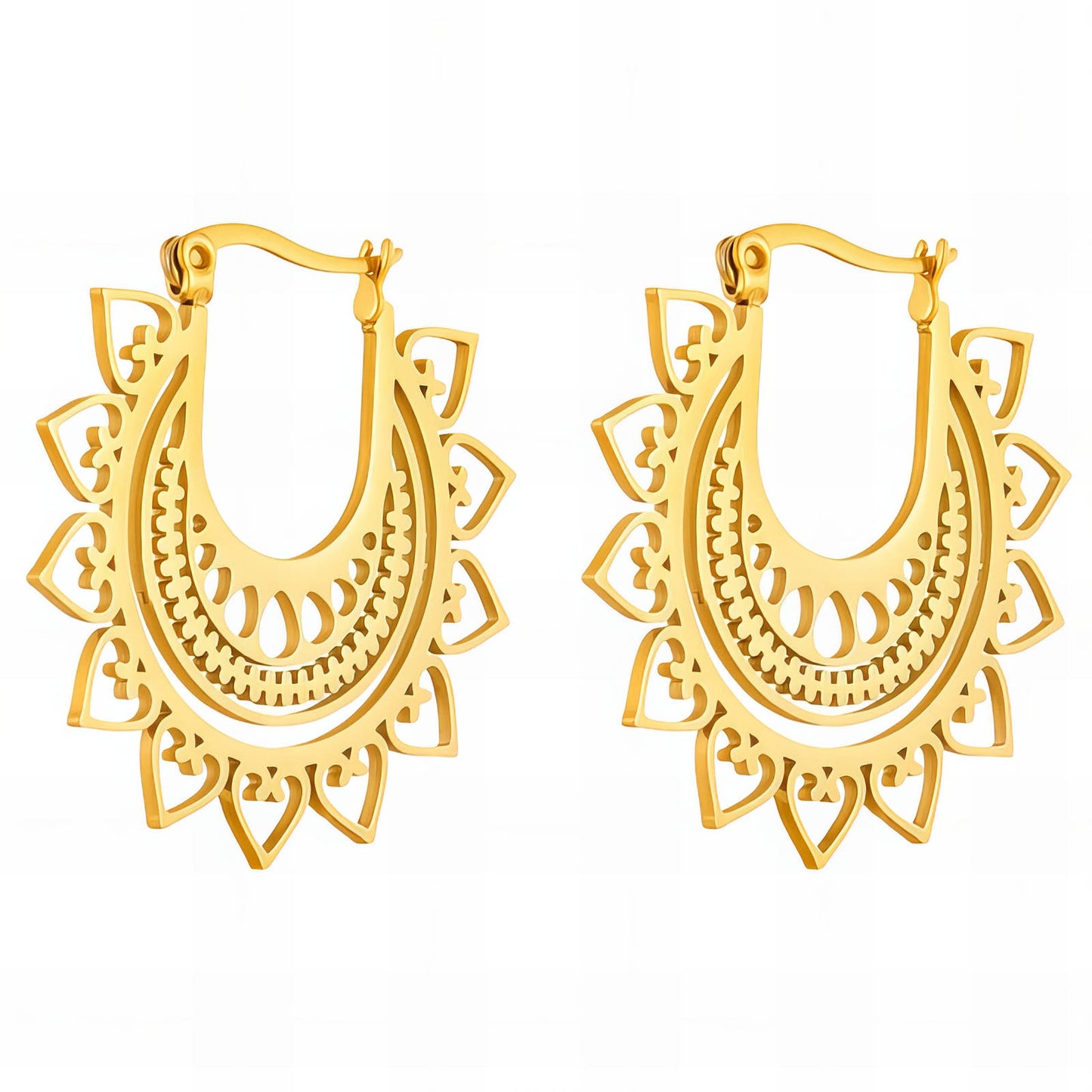 Gold hoop earrings with intricate sunburst-inspired openwork detailing.