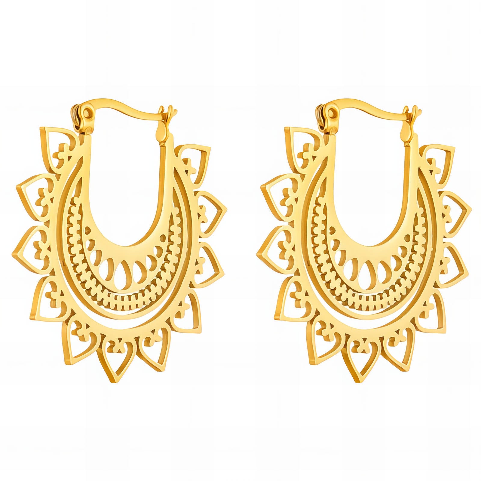 Gold hoop earrings with intricate sunburst-inspired openwork detailing.