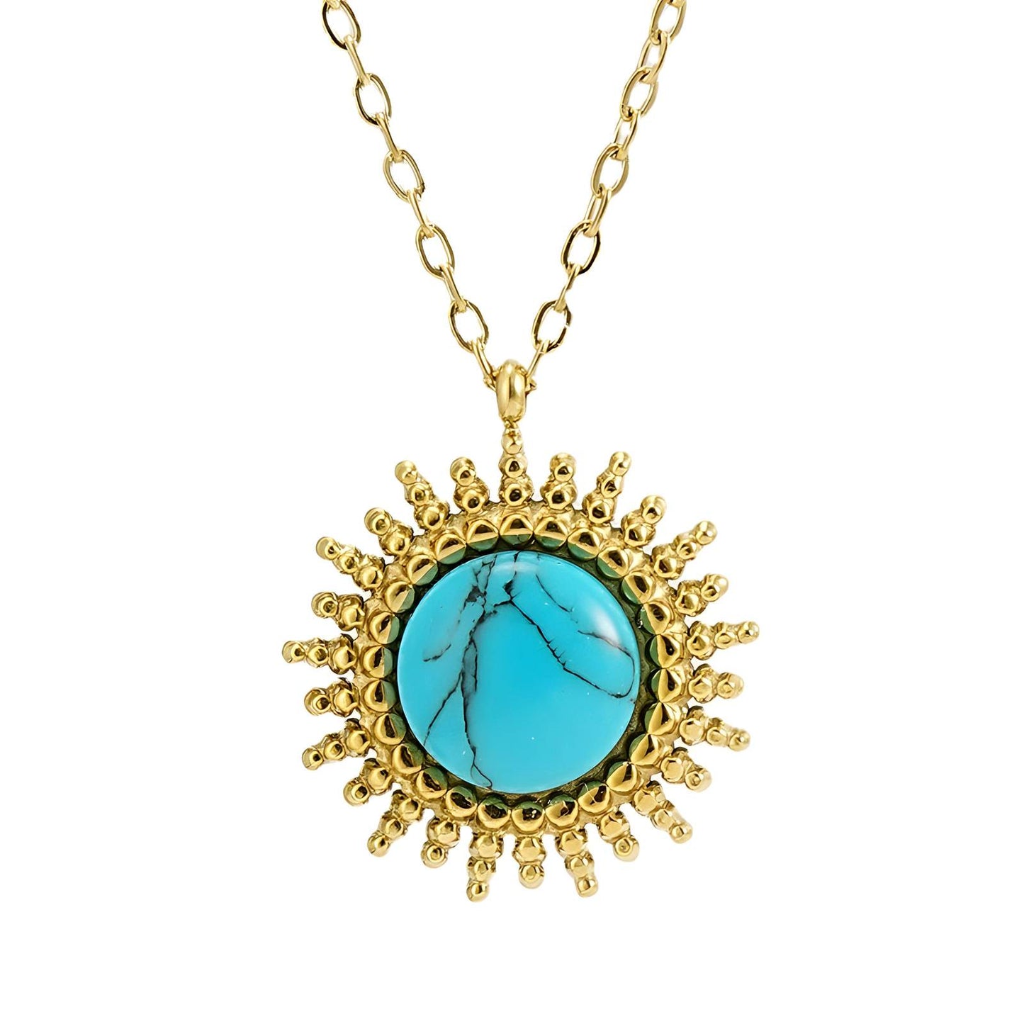 Gold sunburst pendant necklace featuring a round turquoise stone at the centre.