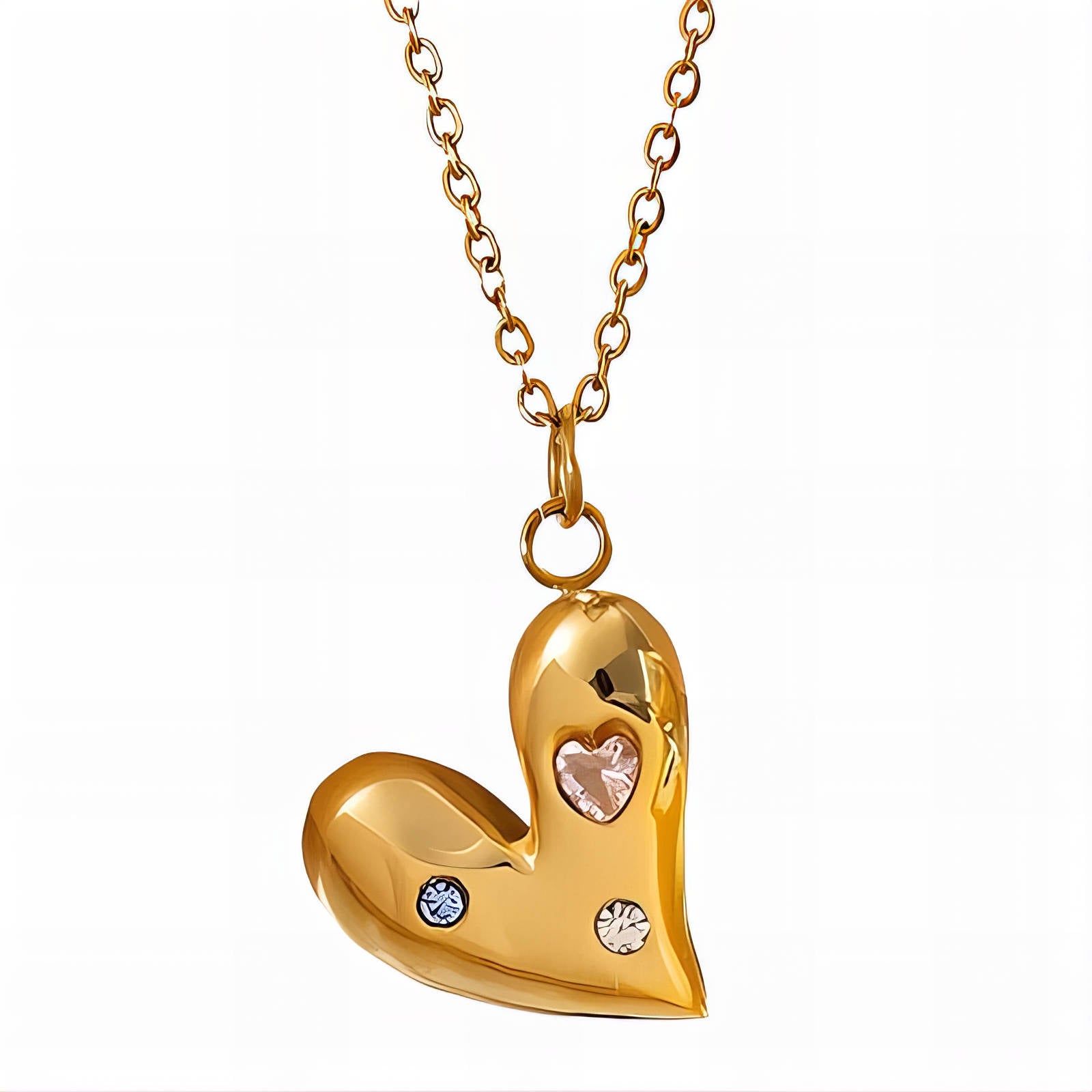 Gold heart necklace with subtle crystal accents on a fine gold chain