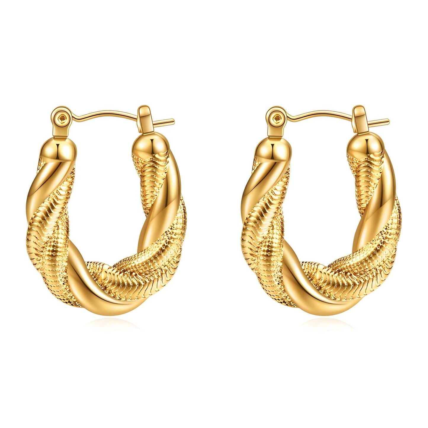 Gold twisted rope hoop earrings with textured detailing and hinged closure