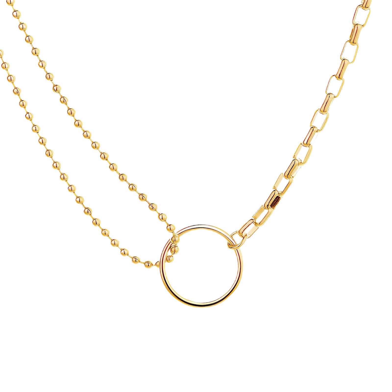 Gold necklace featuring a polished open circle pendant with mixed chain design