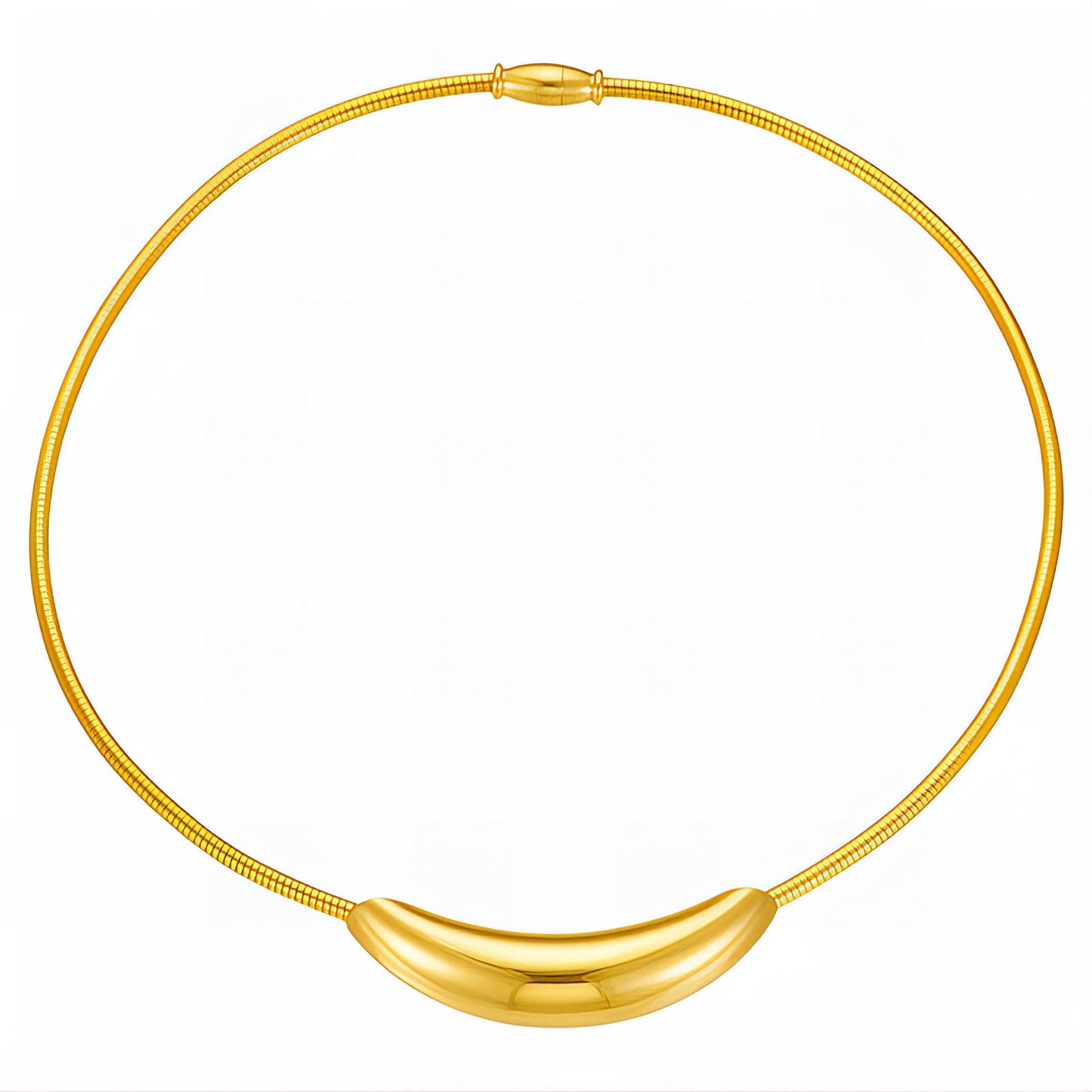 Gold-toned choker necklace with a smooth curved bar detail and magnetic closure resting along the neckline.