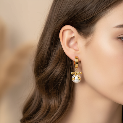 Pearl Bow Charm Hoop Earrings