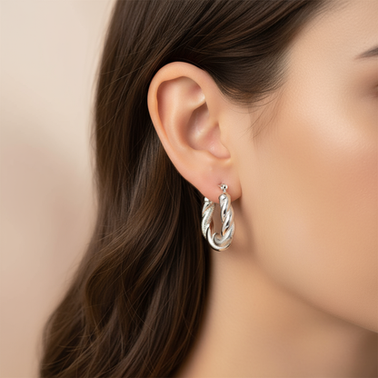 Twisted Rope Silver Hoop Earrings