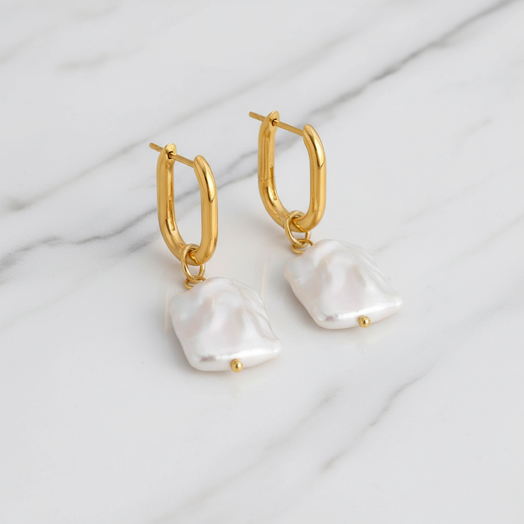 Gold Hoop Earrings with Baroque Pearl Drop