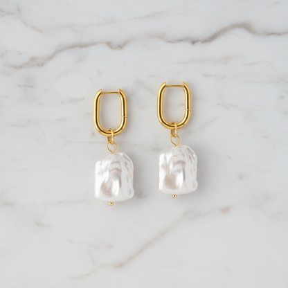 Gold Hoop Earrings with Baroque Pearl Drop
