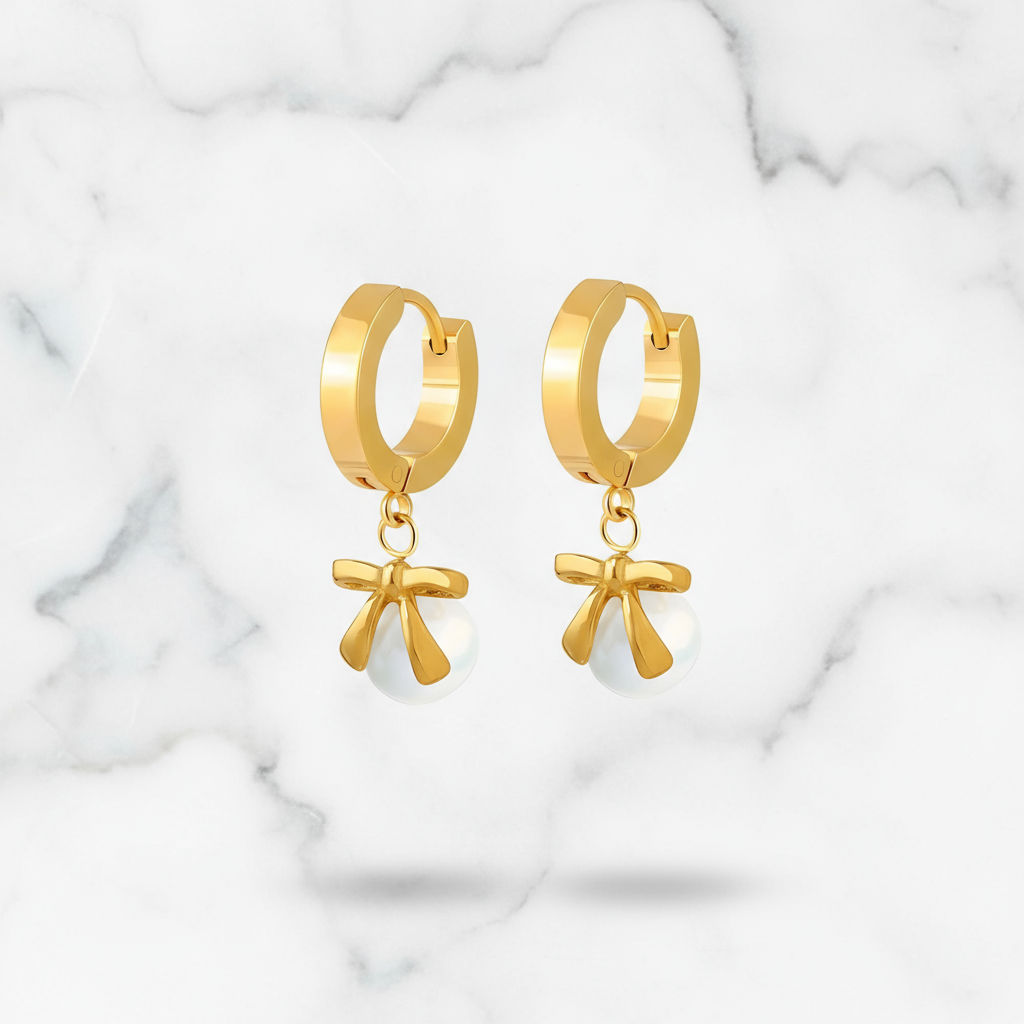 Pearl Bow Charm Hoop Earrings
